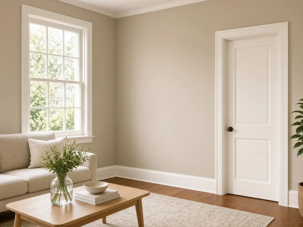 Living room after interior painting with soft greige walls and white joinery