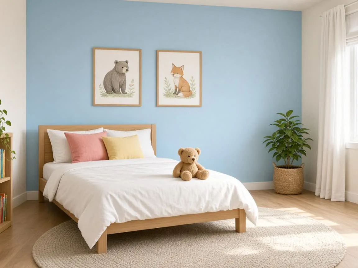 Kids' bedroom with a soft blue painted feature wall, bedding, and wall art